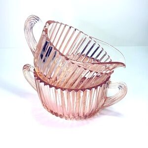 Vintage Queen Mary Pink Depression Glass Creamer & Sugar Set – 1930s